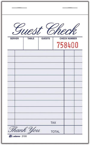 Adams Guest Check Pad, Single Part, White, 3-11/32" x 5-7/16", 100 Sheets/Pad