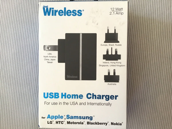 Just wireless 12 watt 2.1 Amp USB home charger for use in the USA and internationally