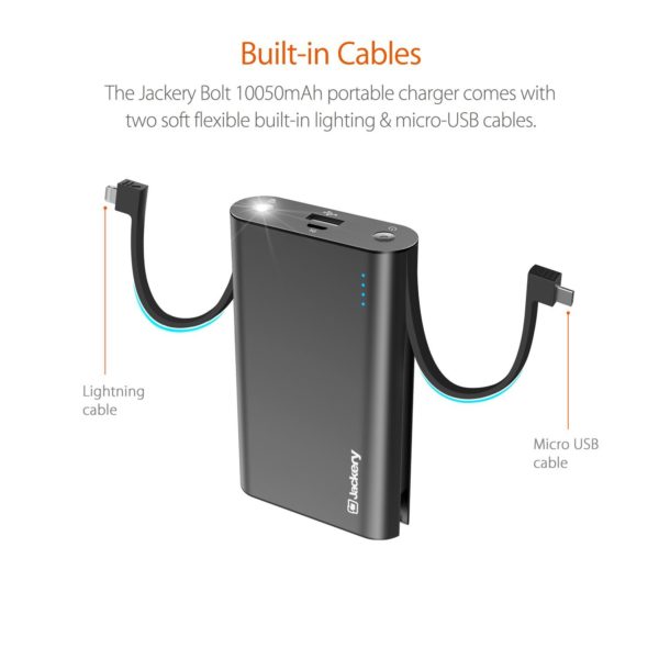 Jackery Bolt 10050mAh Power Bank Power Outdoors, Portable Charger with Built-in Lightning [MFi Certified] Cable External Battery Pack for iPhone, Twice as Fast as Original iPhone Charger